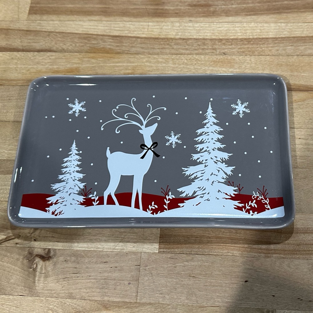 Decorative Christmas Plate, Gray with white deer and red accents, 6”x10”